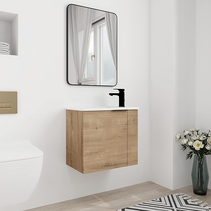 22" Bathroom Vanity with Sink, Floating Wall-Mounted Modern Vanity Cabinet for Small Space, 1 Door Brown Bathroom Sink Combo, Space Saving Vanity, Small Bathroom Vanities
