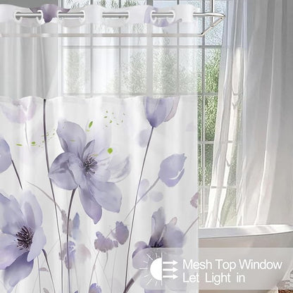 No Hook Shower Curtain and Liner Set, Purple Boho Floral 71x84 | Watercolor Boho Flower, with Snap in Liner, Waterproof, Machine Washable, Quick-Drying, for Hotel Bathroom