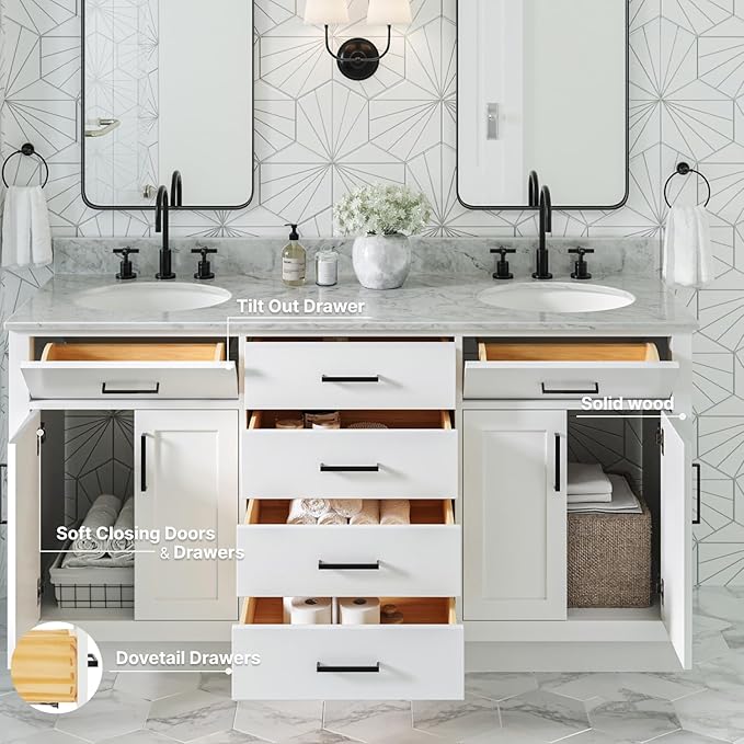 ARIEL Hepburn 66-inch Bathroom Vanity with Sink,Solid Wood, 0.75-inch Italian Carrara Marble Countertop & Backsplash, Double Oval Porcelain Sink, 4 Soft Closing Doors, 6 Dovetail Drawers, White