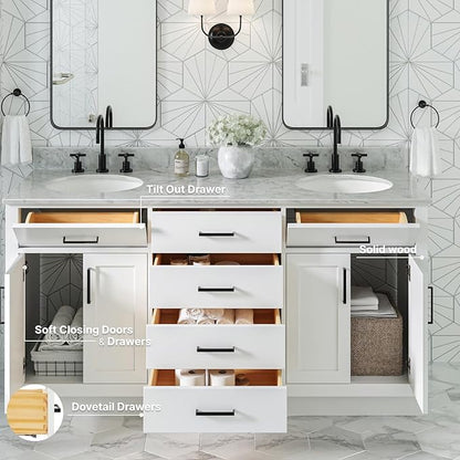 ARIEL Hepburn 66-inch Bathroom Vanity with Sink,Solid Wood, 0.75-inch Italian Carrara Marble Countertop & Backsplash, Double Oval Porcelain Sink, 4 Soft Closing Doors, 6 Dovetail Drawers, White