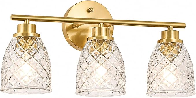 3-Light Bathroom Light Fixtures, Brushed Gold Vanity Lights Over Mirror | Modern Farmhouse Wall Sconces with Hammered Glass Lampshade for Kitchen Hallway Bedroom Living Room Cabinet Porch-18.1IN
