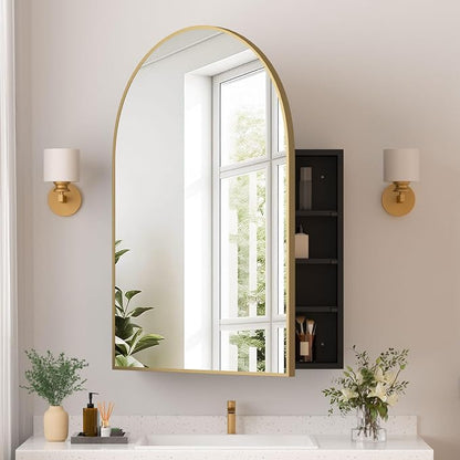 Medicine Cabinets for Bathroom, Gold Arched Medicine Cabinet Recessed or Surface Wall-Mounted,Modern Bathroom Vanity Mirror with Storage, Mirrored Cabinet with Adjustable Shelves,24x36 Inch