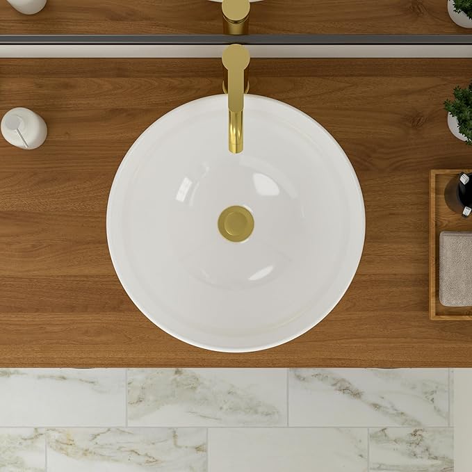 Logmey 16" Round Bathroom Sink 16x16 Small White Vessel Sink Modern Above Counter Porcelain Ceramic Vessel Vanity Sink Bowl for Bathroom