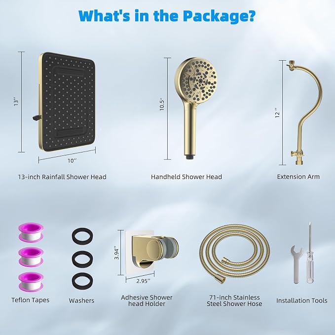 Hibbent 13'' 5-spray Rain Shower Head, 10-Spray Handheld, Brushed Gold | cUPC Certified High Pressure Dual Showerhead Combo, Upgraded Rainfall Shower Head, 12'' Extension Arm, 71'' Hose & Holder