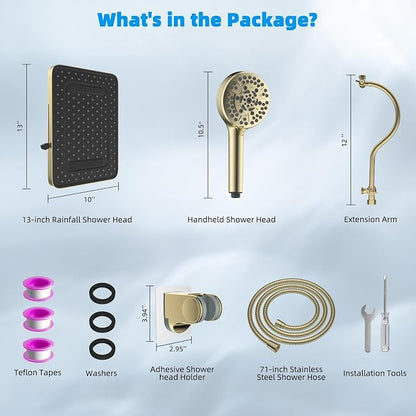 Hibbent 13'' 5-spray Rain Shower Head, 10-Spray Handheld, Brushed Gold | cUPC Certified High Pressure Dual Showerhead Combo, Upgraded Rainfall Shower Head, 12'' Extension Arm, 71'' Hose & Holder