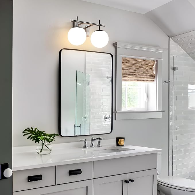 AIJIASI Brushed Nickel Vanity Light for Bathroom, 2-Lights Modern Vanity Lighting with Milky White Frosted Glass Shade, Bathroom Light Fixture Mid Century Wall Sconce (Exclude E26 Bulb)