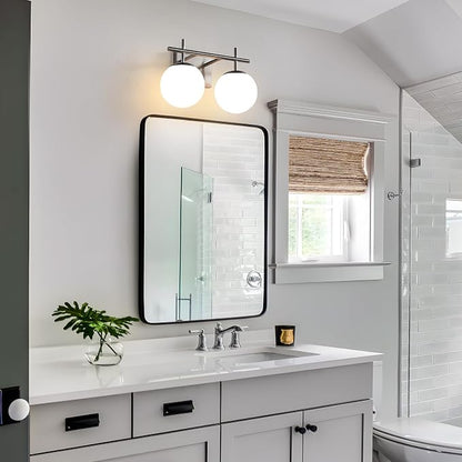 AIJIASI Brushed Nickel Vanity Light for Bathroom, 2-Lights Modern Vanity Lighting with Milky White Frosted Glass Shade, Bathroom Light Fixture Mid Century Wall Sconce (Exclude E26 Bulb)