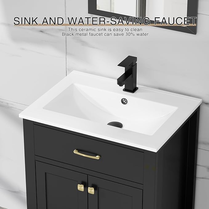 LUCKWIND 24" Bathroom Vanity with Sink Combo, Painted Modern Bathroom Storage Cabinet with Ceramic Sink, Two Doors, Include Faucet Without Mirror, Black