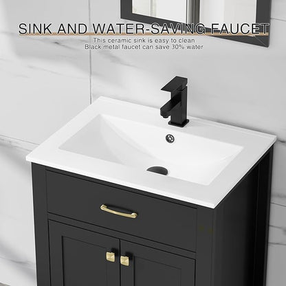 LUCKWIND 24" Bathroom Vanity with Sink Combo, Painted Modern Bathroom Storage Cabinet with Ceramic Sink, Two Doors, Include Faucet Without Mirror, Black