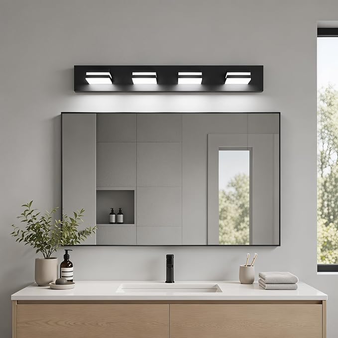 29" 4-Light Black Modern LED Bathroom Vanity Light Fixtures over Mirror | Rotatable Heads, 3 Color Temperatures, Wall Mount, Square Shade Design