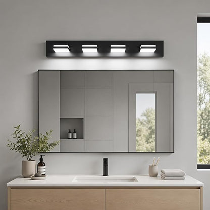 29" 4-Light Black Modern LED Bathroom Vanity Light Fixtures over Mirror | Rotatable Heads, 3 Color Temperatures, Wall Mount, Square Shade Design