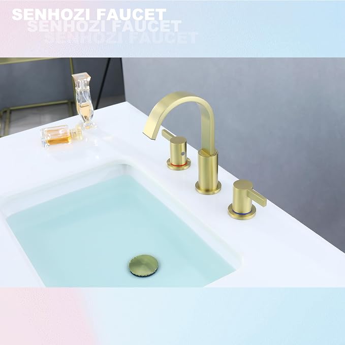 Widespread Gold Bathroom Faucet 3 Hole, Brushed Gold Vanity Faucet | 8 Inch Brushed Gold Bathroom Sink Faucet, Widespread, 360 Swivel Spout, Gold Bathroom Sink Faucet 3 Hole
