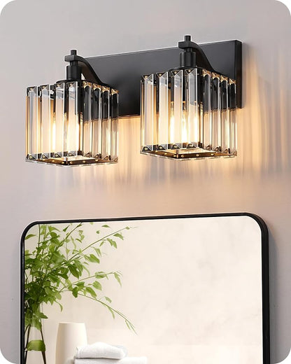 EDISHINE 2-Light Black Bathroom Vanity Light, Crystal Sconce Over Mirror | Up/Down Reversible, Black Frame, Modern for Bath, Powder Room, E26 Base