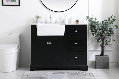 42" Pre-Assembled Bathroom Vanity with Sink, Solid Birch and MDF, Carrara White Marble Countertop Attached, Single Rectangle Porcelain Sink, 3 Soft-Close Drawers, Black