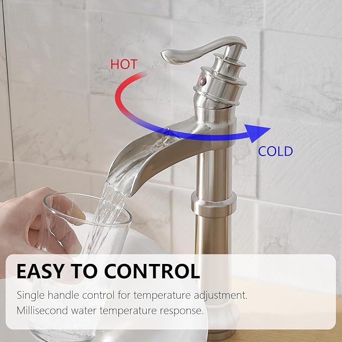 Brushed Nickel Vessel Sink Faucet Brass Tall Waterfall Bathroom Faucet | Single Handle Bathroom Sink Faucets with Pop Up Drain Without Overflow and Supply Hoses Mixer Tap Deck Mount by BATHLAVISH