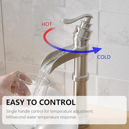 Brushed Nickel Vessel Sink Faucet Brass Tall Waterfall Bathroom Faucet | Single Handle Bathroom Sink Faucets with Pop Up Drain Without Overflow and Supply Hoses Mixer Tap Deck Mount by BATHLAVISH