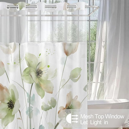 No Hook Shower Curtain and Liner Set, Light Green Floral 71x74 | Watercolor Boho Flower, with Snap in Liner, Mesh Top Window, Waterproof, Machine Washable, Quick-Drying, for Hotel Bathroom