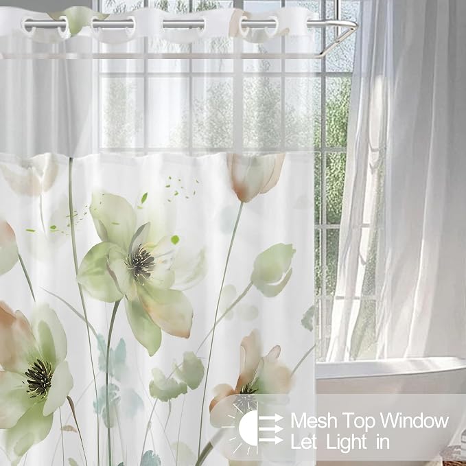 No Hook Shower Curtain and Liner Set, Light Green Floral 71x77 | Watercolor Boho Flower, with Snap in Liner, Mesh Top Window, Waterproof, Machine Washable, Quick-Drying, for Hotel Bathroom