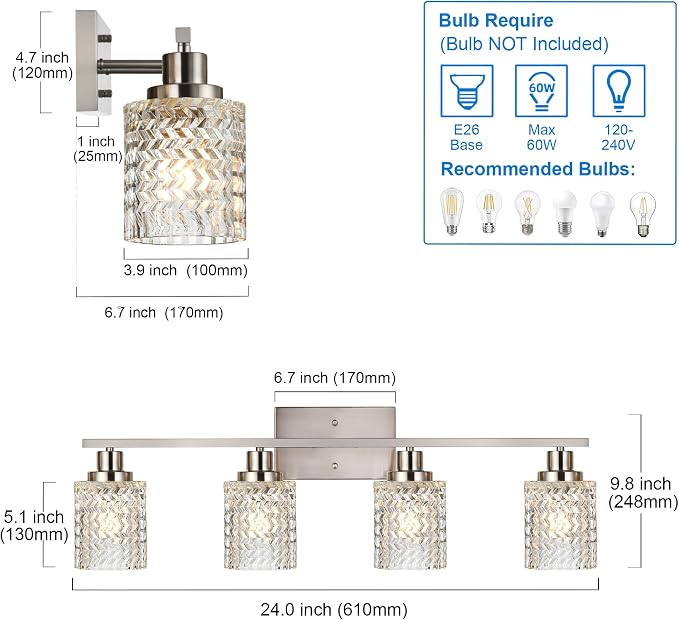 MELUCEE 4 Lights Brushed Nickel Vanity Light with Hammered Glass Shade | Indoor Metal Bathroom Light Fixtures Wall Lights for Powder Room Hallway Kitchen, E26 Base