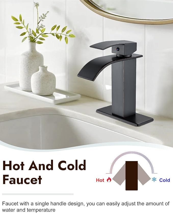Midanya Bathroom Faucet with Waterfall Spout, Single Hole or 3-Hole Deck Mount, 304 Stainless Steel Sink Faucet with Pop-Up Drain, RV Vanity Compatible,Oil Rubbed Bronze