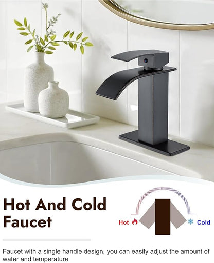 Midanya Bathroom Faucet with Waterfall Spout, Single Hole or 3-Hole Deck Mount, 304 Stainless Steel Sink Faucet with Pop-Up Drain, RV Vanity Compatible,Oil Rubbed Bronze