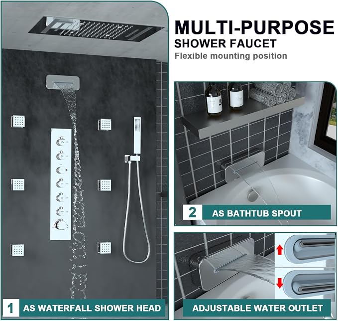 HOMEDEC LED Multi Functions Full Body Shower System with 6pcs Body Jets Spray with（Up/Down ）Shower Spout, Large 3 In 1 Modes 14x20inch Showerhead, Rainfall Mist Shower Faucet Set Complete, Chrome