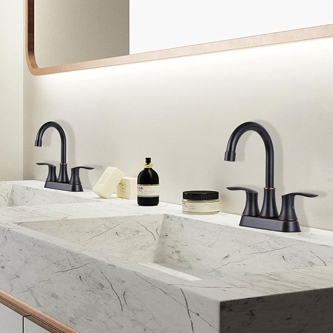 Friho Centerset Lead-Free Modern Commercial 2-Handle Oil Rubbed Bronze Bathroom Faucet, 3 Hole 4 inch RV Bath Vanity Faucets with Drain Stopper and Water Hoses