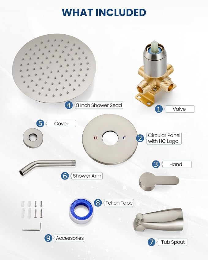 Airuida Shower Faucet Set with Tub Spout,8" Bathtub Faucet-Brushed Nickel | Male Threads Rough-In Valve,Round Head Shower System,Tub and Shower Kit Set