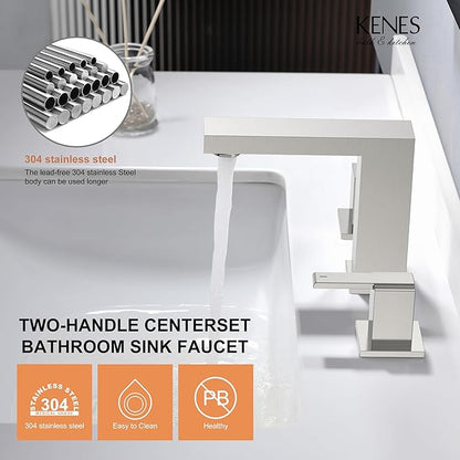 KENES 2 Handle Widespread Bathroom Faucets Brushed Nickel, Bathroom Sink Faucet 3 Hole Vanity Faucet with Lead-Free Supply Hose, KE-9050