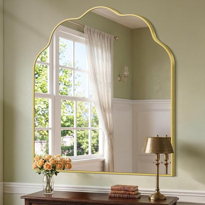 Gold Arched Mirror, 36×40Inch Scalloped Mirror for Bathroom, Wavy Wall Mounted Vanity Mirror with Aluminum Alloy Frame for Livingroom Bedroom and Entryway, Tempered Glass