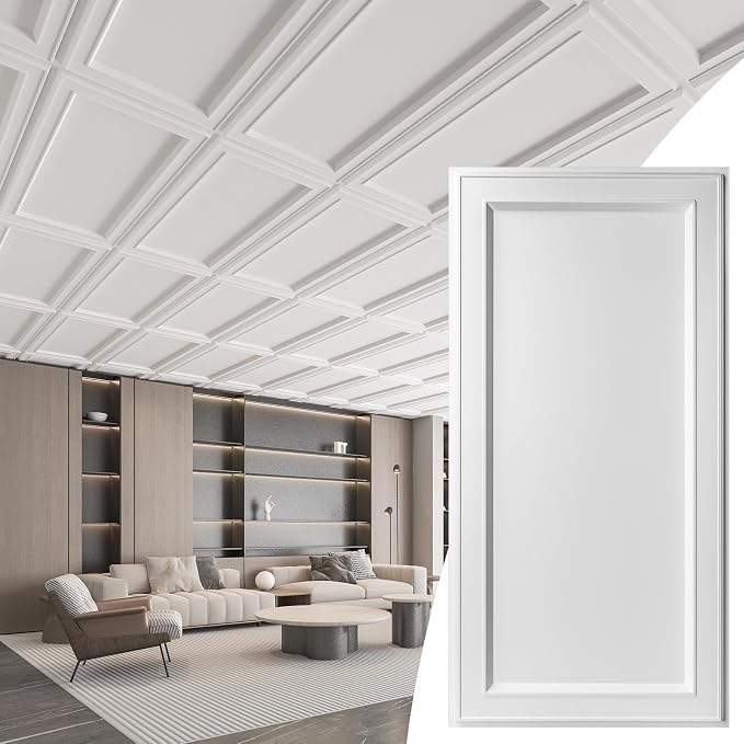 WOWSTAR 12-Pack 2x4ft Drop Ceiling Tiles, Waterproof Glue up Ceiling Panels, Modern Style 3D Wall Panels, White | PVC ceiling panels, 2x4 ft, waterproof, glue-up install, basement kitchen bathroom, 12-pack
