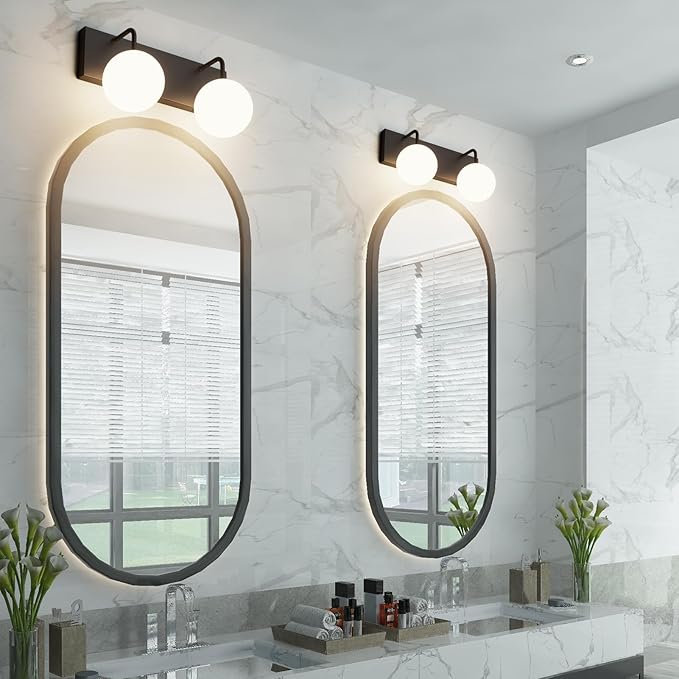 Tipace Black Vanity Light Fixtures, 2-Light Modern Bathroom Light Over Mirror with White Milk White Globe Glass for Bathroom (Exclude Bulb)