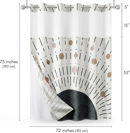 Americanflat 72x75 Hookless Shower Curtain - Water-Resistant Modern Boho Shower Curtain with Sheer Panel, Snap-in Liner, and Grommets - 100% Polyester - Black, Bronze, and White