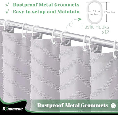 Dynamene Boho Farmhouse Shower Curtain, Lavender Fabric Tufted Chevron Striped Textured Tassel Shower Curtains for Bathroom, Shabby Chic Waterproof Cloth Shower Curtain Set with Hooks, 72x72