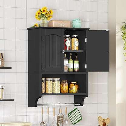 TEENFON Bathroom Wall Cabinet with Adjustable Shelves and Towel Rack, Wall Mounted Over The Toilet Storage Cabinet for Bathroom, Living Room, Black