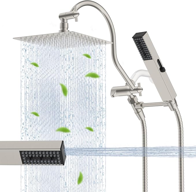 Hibbent All Metal cUPC Certified Shower Head, 10'' High Pressure Rainfall Showerhead Combo, Handheld Shower Wand, 12'' Adjustable Extension Arm, 4-Spray, 71'' Hose, Shower Holder, Brushed Nickel