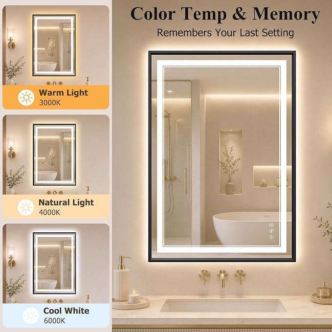 24"x36" LED Bathroom Mirror with Lights, Backlit + Front Lit, Anti-Fog | Lighted Bathroom Mirror with One-Piece Aluminum Alloy Frame, HD Shatterproof Tempered Glass, Dimmable, Memory Function