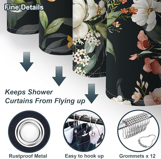 Amaredom Black Floral Shower Curtain, Colorful Flowers Shower Curtain for Bathroom, Waterproof Fabric Shower Curtain Set with 12 Hooks 72x72 Inches