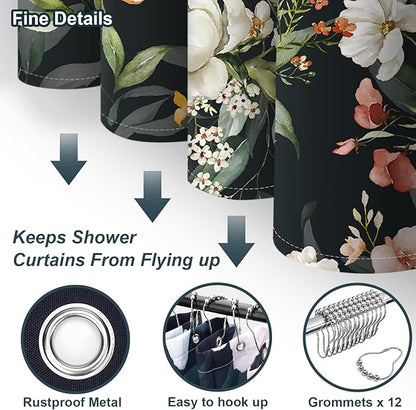 Amaredom Black Floral Shower Curtain, Colorful Flowers Shower Curtain for Bathroom, Waterproof Fabric Shower Curtain Set with 12 Hooks 72x72 Inches