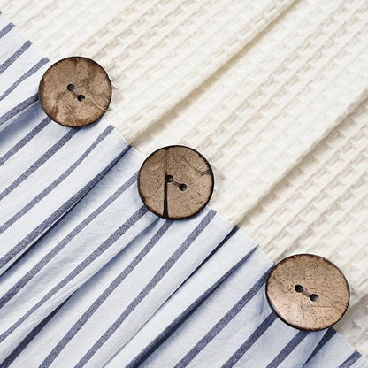 DOSLY Ides Farmhouse Shower Curtain, Beige and Blue Striped, Button Curtain, Spa Waffle and Cotton Woven Fabric, Rustic Charm Country Chic Style, 72x72 in, Bathroom