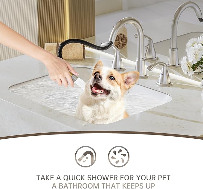 Phiestina 8 Inch Brushed Nickel Antique Rotatable Widespread Bathroom Faucet - Pull-Out Sprayer, Metal Pop-Up Drain, Water Supply Lines, 2 Handles for 3-Hole Sinks,WFJC180CL-BN