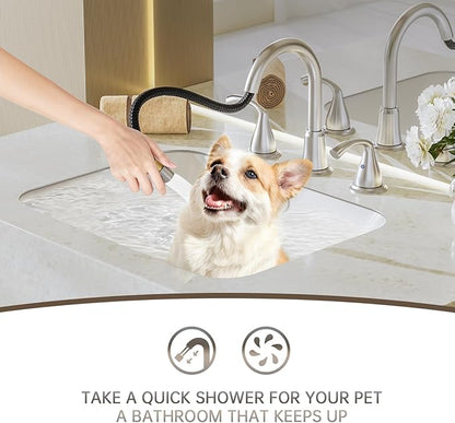 Phiestina 8 Inch Brushed Nickel Antique Rotatable Widespread Bathroom Faucet - Pull-Out Sprayer, Metal Pop-Up Drain, Water Supply Lines, 2 Handles for 3-Hole Sinks,WFJC180CL-BN