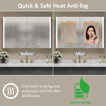 48 x 32 Inch Medicine Cabinet with Mirror and LED Light for Bathroom | Recessed, Wall-Mounted, Dimmable, Anti-Fog, Memory Function, 3 Color Mode, Outlet&USB, Adjustable Shelf, ETL Listed, Aluminum