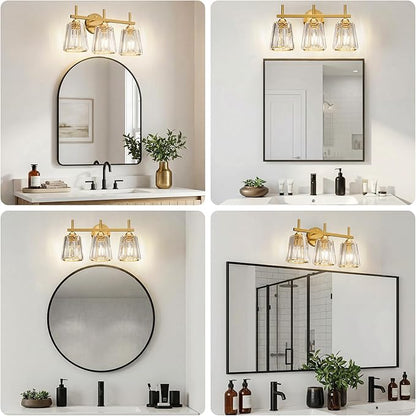 Crystal Bathroom Light Fixtures Over Mirror, Gold 3-Light Bathroom Vanity Lights Over Mirror Modern Wall Lighting Sconces with Ceramic E26 Base (Bulbs Not Include)