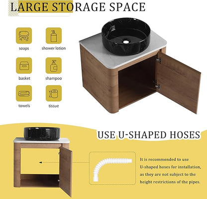 LKTART 24 Inch Floating Bathroom Vanity with Sink, Modern Wall Mounted Bathroom with Soft Close Door, Black Stone Round Ceramic Basin and Sintered Stone Top