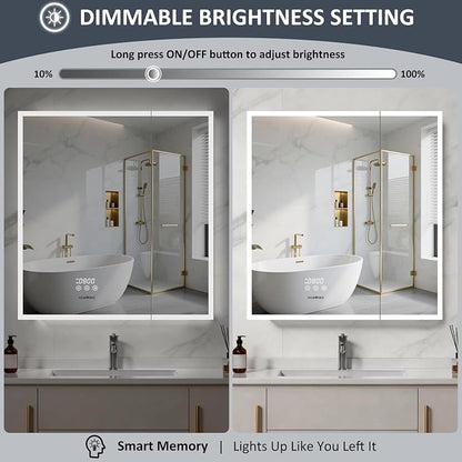 ACEMIRO 30"×32" Lighted Medicine Cabinet Mirror, Recessed Bathroom Mirror Cabinet with Lights, Defogger, Dimmer, Clock, Built-in Outlet & USB Ports, Wall-Mounted LED Bathroom Mirror, Double Door