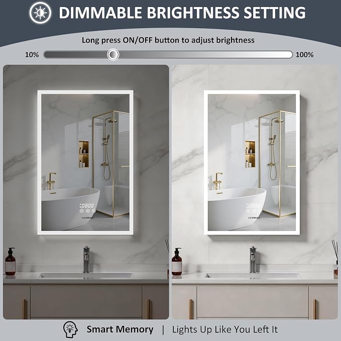 ACEMIRO 20"×30" Bathroom Mirror Cabinet, Recessed Lighted Medicine Cabinet with Mirror, Dimmable 3 Color Lights, Clock & Room Temp Display, Defogger, LED Bathroom Cabinet with Storage, Left Hinge