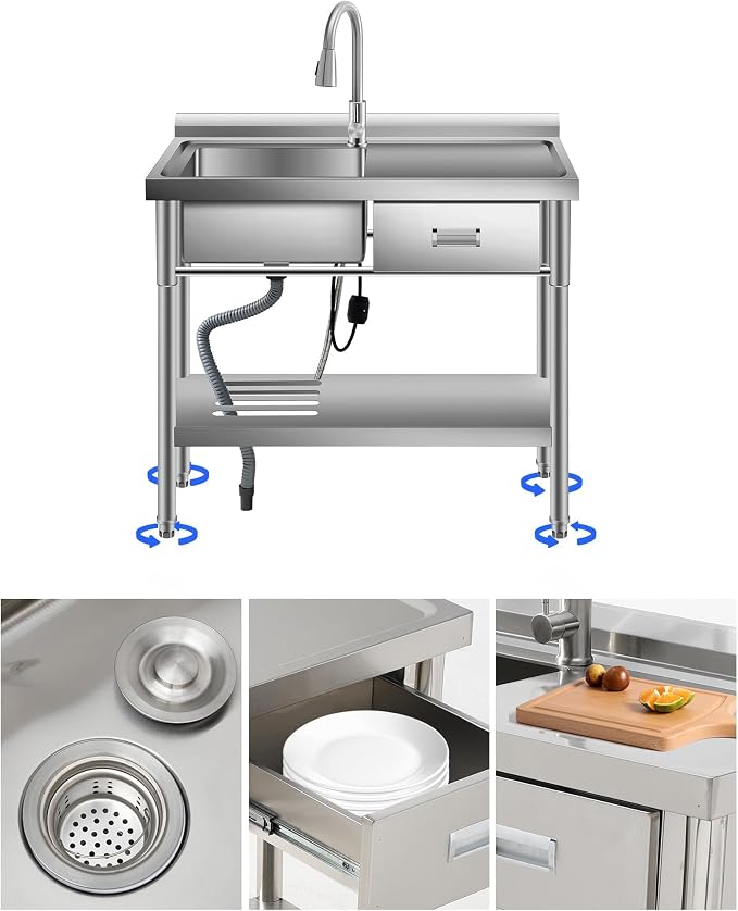 Free Standing Utility Sink, 39" Single Bowl Stainless Steel Commercial Sink with Drawers, Cold and Hot Water Pipe & Workbench, for Kitchen, Laundry | Commercial Sink with Drawers, Cold and Hot Water Pipe & Workbench, for Kitchen, Laundry