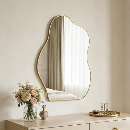 Irregular Asymmetrical Wall Mirror, 28x20 Inch Gold Bathroom Mirror | Decorative Wall Mirror, HD Tempered Glass, Golden Wood Framed Mirror for Bathroom Living Room Entryway Bedroom Hallway