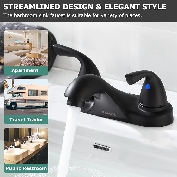 Matte Black Bathroom Faucet 4 Inch Centerset for Lavatory Sink | Mid Arc, 2 Handle Lead-Free RV Bathroom Faucet with Metal Pop Up Drain Supply Lines, for 2 or 3 Hole Lavatory Utility Sink